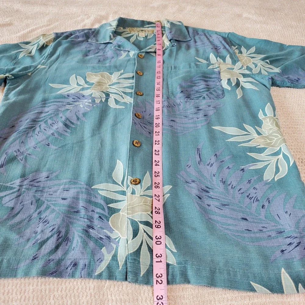 Island Shores Mens Large Teal Blue 100% Washable Silk Tropical Floral Camp Shirt